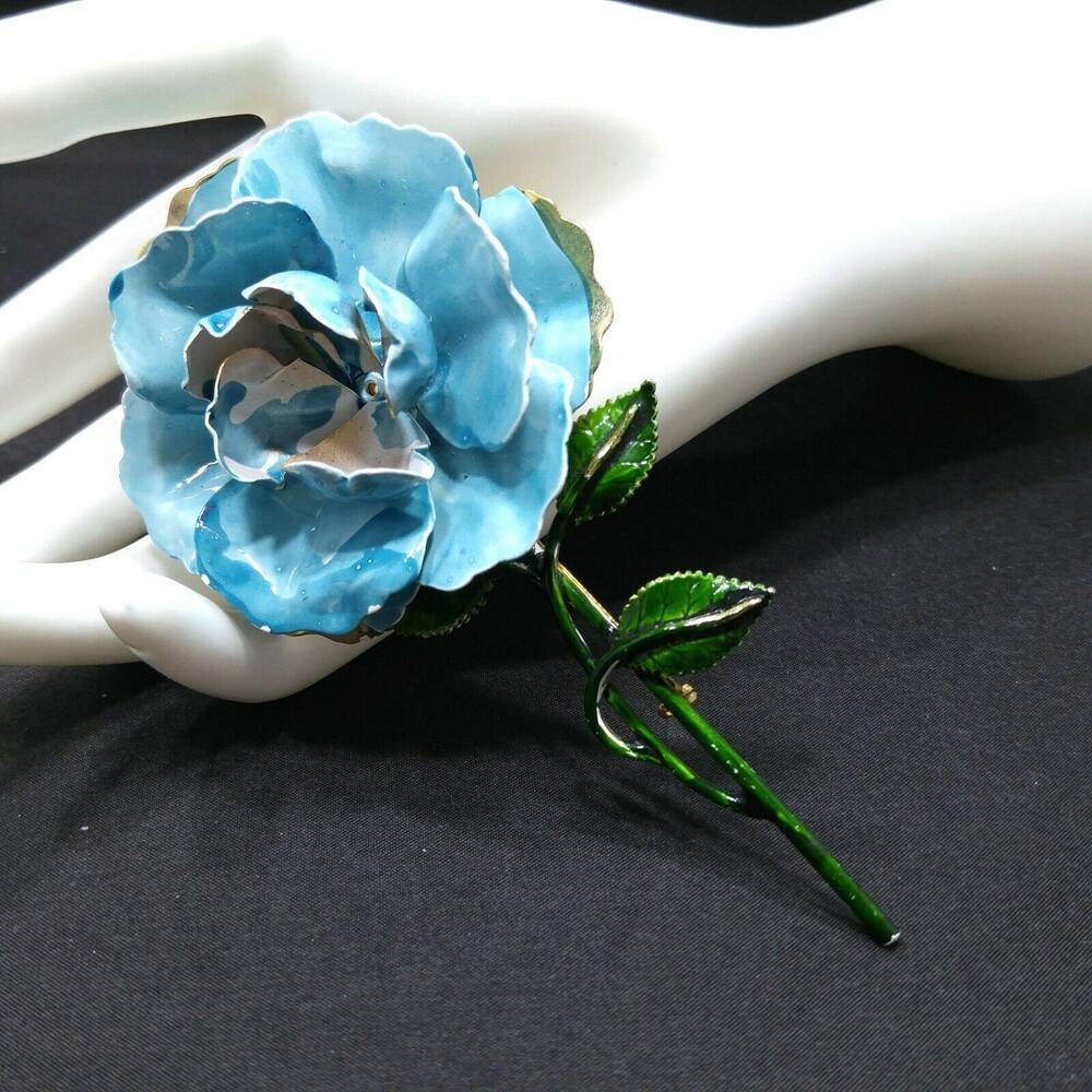 Vintage Enamel Large Flower Brooch, Turquoise Blue Green Gold, 1960s,  5"